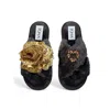 Toma Women's Classic  Faux Fur Open Toe Gold Sequin Christmas Heart Black Slippers In Black