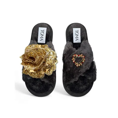 Toma Women's Classic  Faux Fur Open Toe Gold Sequin Christmas Heart Black Slippers