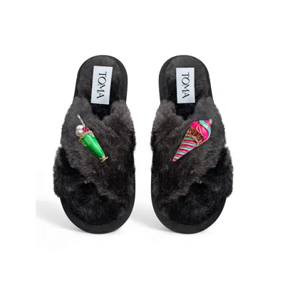 Toma Women's Classic  Faux Fur Open Toe Ice Cream Black Slippers