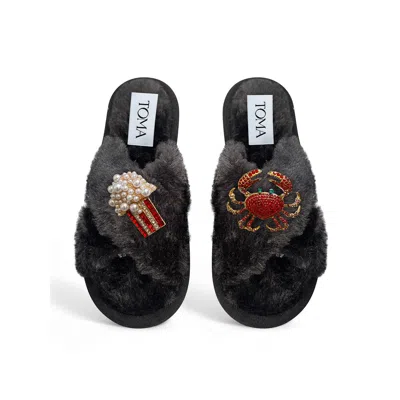Toma Women's Classic  Faux Fur Open Toe Popcorn And Crab Black Slippers