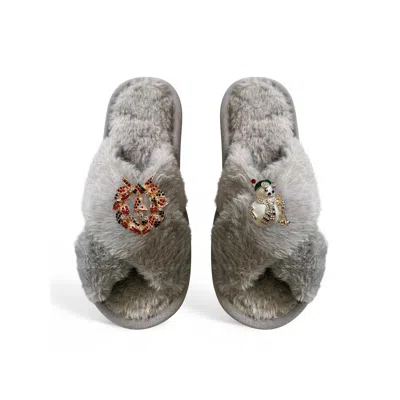Toma Women's Classic  Faux Fur Open Toe Sky Snowman Grey Slippers In Gray