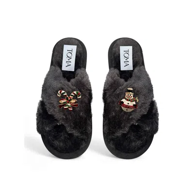 Toma Women's Classic  Faux Fur Open Toe Snowman Black Slippers