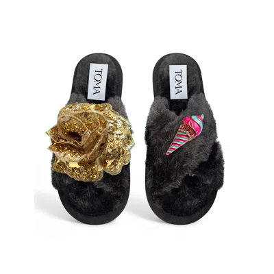 Toma Women's Classic  Open Toe Gold Sequin Flower And Candy Ice Cream Black Slippers