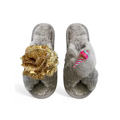 Toma Women's Classic  Open Toe Gold Sequin Flower And Candy Ice Cream Grey Slippers In Gray