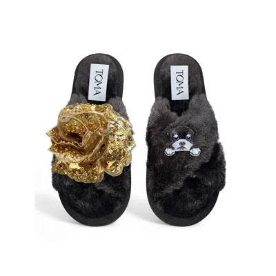 Toma Women's Classic  Open Toe Gold Sequin Flower And Dog Six Black Slippers
