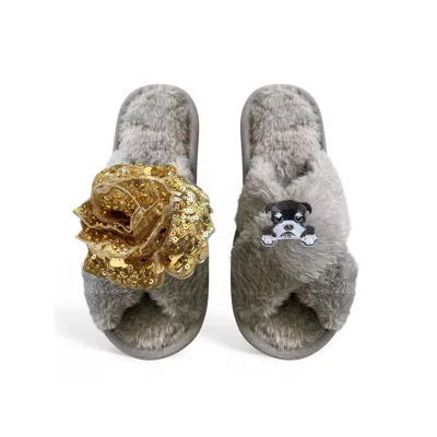 Toma Women's Classic  Open Toe Gold Sequin Flower And Dog Six Grey Slippers In Gray