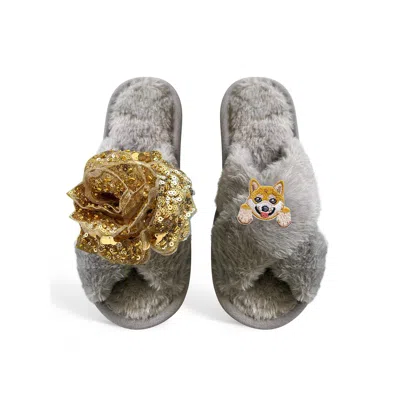 Toma Women's Classic  Open Toe Gold Sequin Flower And Dog Ten Grey Slippers In Gray