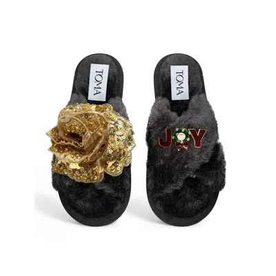 Toma Women's Classic  Open Toe Gold Sequin Flower Joy Black Slippers