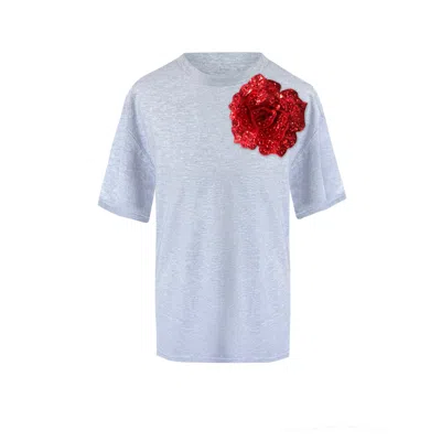 Toma Women's Flower Grey Cotton T-shirt With Top Side Red Sequin Rose In Gray