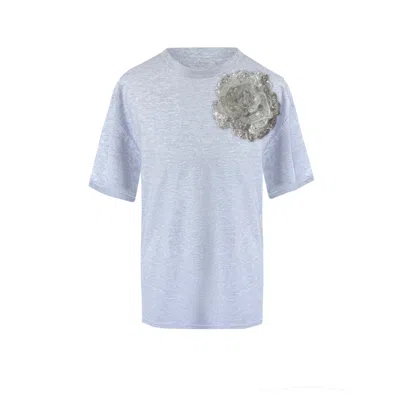 Toma Women's Flower Grey Cotton T-shirt With Top Side Silver Sequin Rose In Blue
