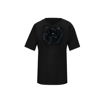 Toma Women's Flower Summer Black Cotton T-shirt With Black Central Sequin Rose