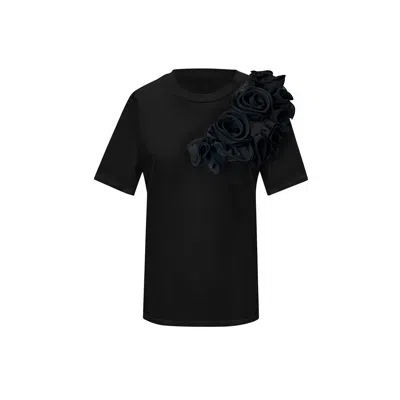 Toma Women's Flower Summer Black Cotton T-shirt With Black Side Flowers