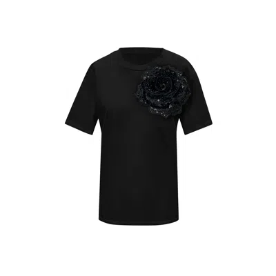 Toma Women's Flower Summer Black Cotton T-shirt With Black Side Sequin Rose