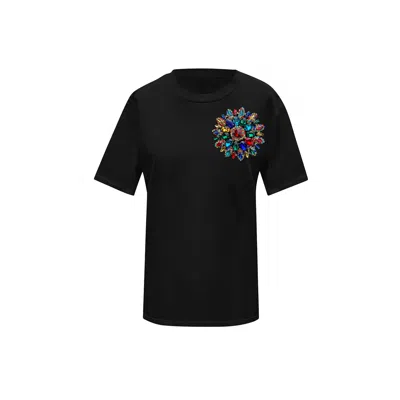 Toma Women's Flower Summer Black Cotton T-shirt With Multicoloured Swarovski Crystals