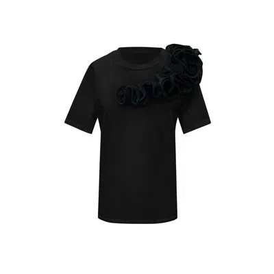 Toma Women's Flower Summer Black Roses Black Cotton T-shirt