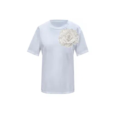 Toma Women's Flower Summer Holiday White Cotton T-shirt With Top Side White Sequin Rose