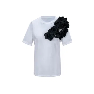 Toma Women's Flower Summer White Cotton T-shirt With Black Side Flowers