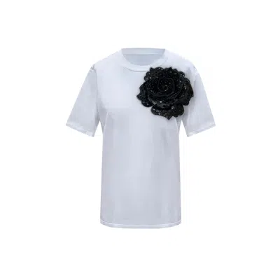 Toma Women's Flower Summer White Cotton T-shirt With Black Side Sequin Rose
