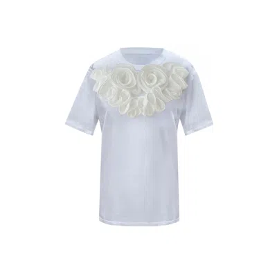 Toma Women's Flower Summer White Cotton T-shirt With Chic White Central Flowers