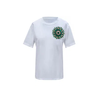 Toma Women's Flower Summer White Cotton T-shirt With Green Swarovski Crystals