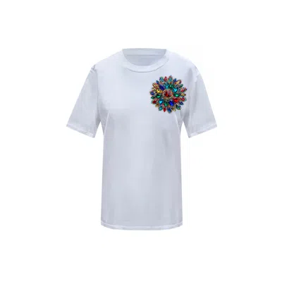 Toma Women's Flower Summer White Cotton T-shirt With Multicoloured Swarovski Crystals