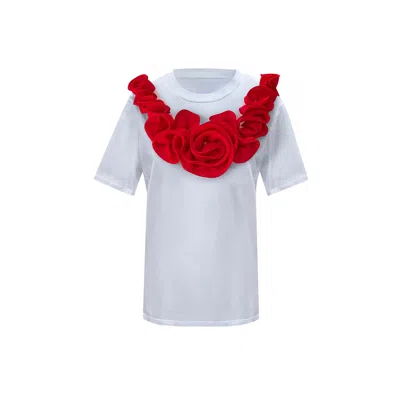 Toma Women's Flower Summer White Cotton T-shirt With Red Central Flowers