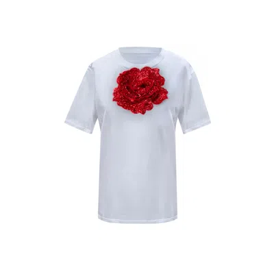 Toma Women's Flower Summer White Cotton T-shirt  With Red Central Sequin Rose