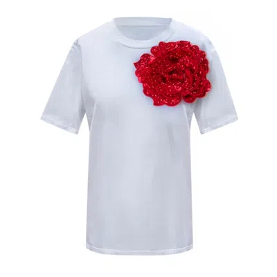 Toma Women's Flower Summer White Cotton T-shirt  With Red Sequin Rose