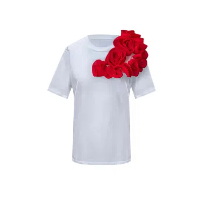 Toma Women's Flower Summer White Cotton T-shirt With Red Side Flowers