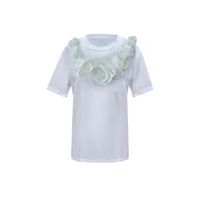 Toma Women's Flower Summer White Cotton T-shirt With White Central Flowers