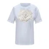 Toma Women's Flower Summer White Cotton T-shirt With White Central Sequin Rose