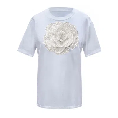 Toma Women's Flower Summer White Cotton T-shirt With White Central Sequin Rose