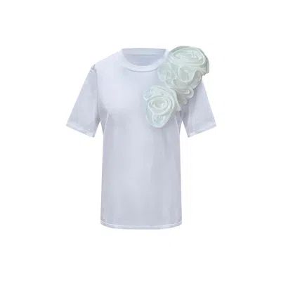 Toma Women's Flower Summer White Cotton T-shirt With White Side Flowers