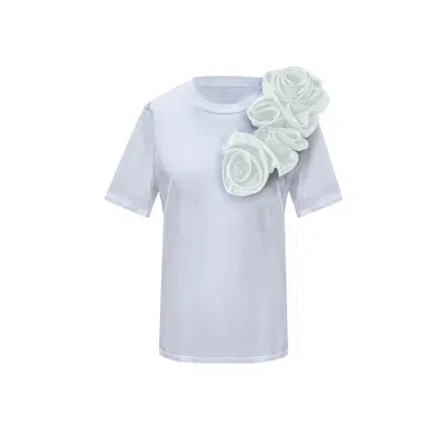 Toma Women's Flower White Sided  Roses Cotton T-shirt