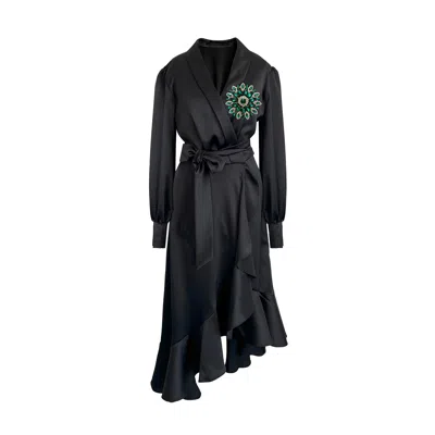 Toma Women's Green / Black Black Clarice Evening Wrap Dress With Green Swarovski Crystals