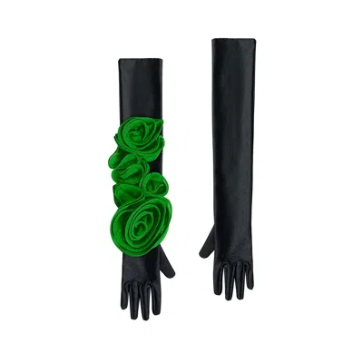 Toma Women's Green / Black Chic Black Gloves With Green Roses In Multi