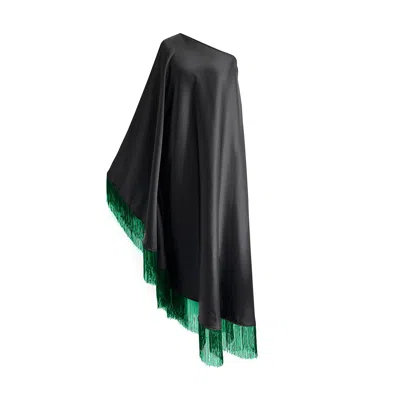 Toma Women's Green / Black Green Fringe Off Shoulder Summer Glam Maxi Black Dress In Multi