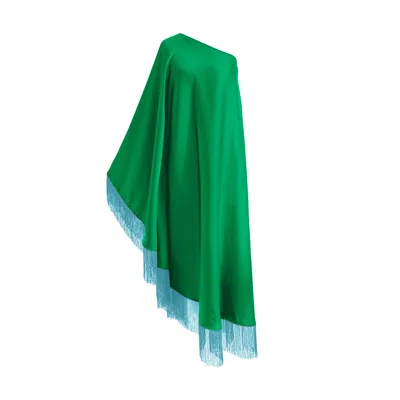 Toma Women's Green / Blue Baby Blue Fringe Off Shoulder Glam Green Midi Dress