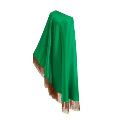 TOMA WOMEN'S GREEN / BROWN BROWN FRINGE OFF SHOULDER SUMMER GLAM MAXI GREEN DRESS