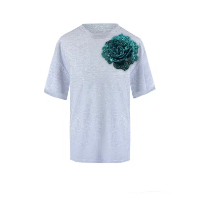 Toma Women's Green / Grey Flower Grey Cotton T-shirt With Top Side Green Sequin Rose In Blue