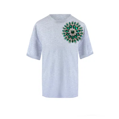 Toma Women's Green / Grey Grey Cotton T-shirt With Green Swarovski Crystals In Blue