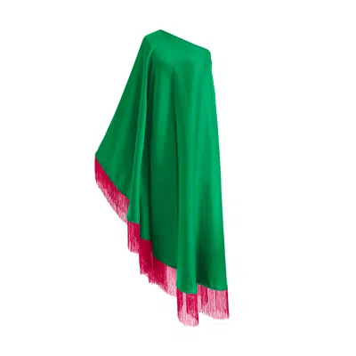 TOMA WOMEN'S GREEN / PINK FUCHSIA FRINGE OFF SHOULDER SUMMER GLAM MAXI GREEN DRESS