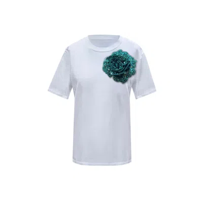 Toma Women's Green / White Flower White Cotton T-shirt With Top Side Green Sequin Rose In Multi