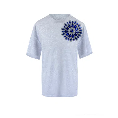 Toma Women's Grey / Blue Grey Cotton T-shirt With Blue Swarovski Crystals