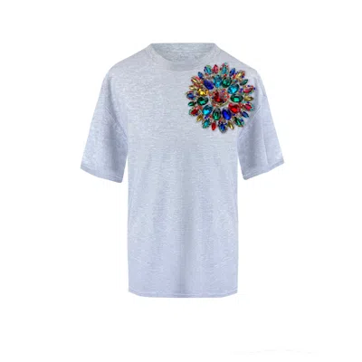 Toma Women's Grey Cotton T-shirt With Multi Swarovski Crystals In Blue