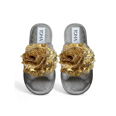 Toma Women's Grey / Gold Handmade Faux Fur Open Toe Grey Slippers In Gray