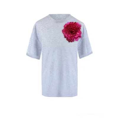 Toma Women's Grey / Pink Flower Grey Cotton T-shirt With Top Side Fuchsia Sequin Rose In Blue
