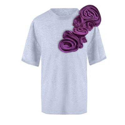 Toma Women's Grey / Purple Flower Sided Purple Roses Grey Cotton T-shirt In Multi