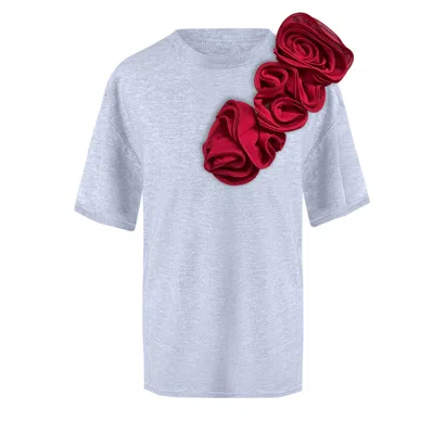 Toma Women's Grey / Red Flower Sided Burgundy Roses Grey Cotton T-shirt In Multi