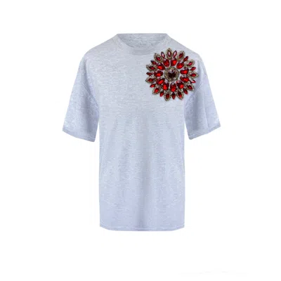 Toma Women's Grey / Red Grey Cotton T-shirt With Red Swarovski Crystals In Blue